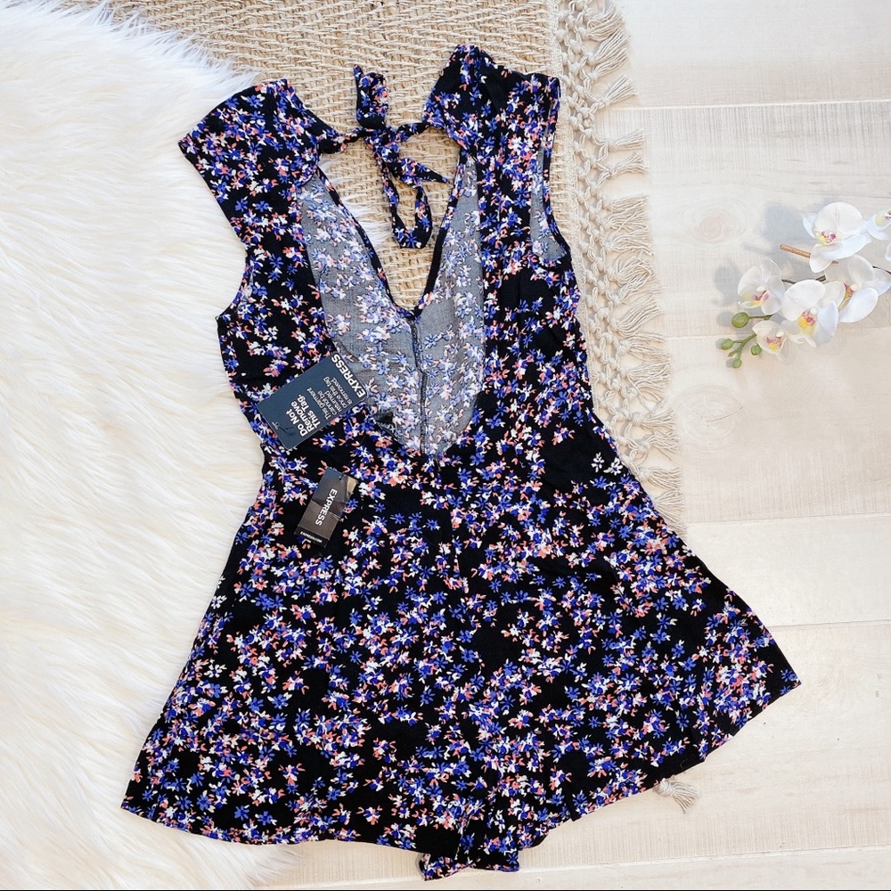 Express Black Floral Halter Romper with Purple & Pink Flowers - Picture 3 of 4